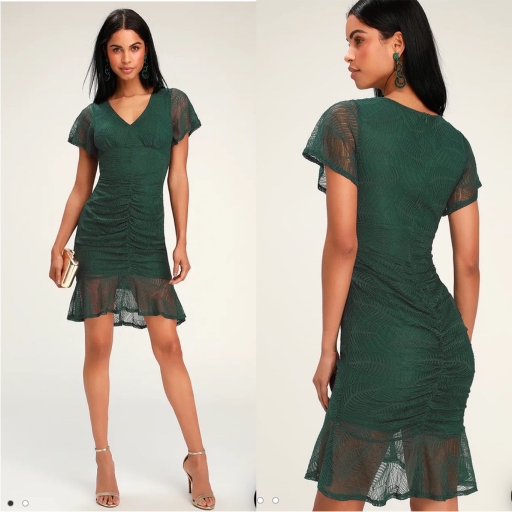 NWT Lulus Size Large Harlou Forest Green Lace Ruched Bodycon Dress Short Sleeve